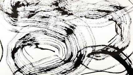 large meandering brush strokes with texture, ink-drawn banner-size background illustration, abstract hand-drawn background