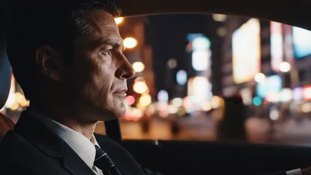 Pensive businessman looking out a car window at city lights at night
