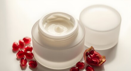 Luxury Pomegranate Skincare Cream in Frosted Jar with Fresh Fruit Seeds - Cosmetic Concept