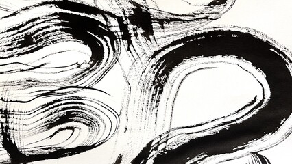 large meandering brush strokes with texture, ink-drawn banner-size background illustration, abstract hand-drawn background