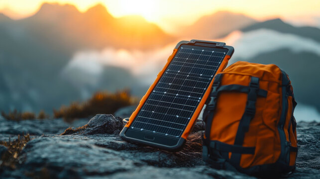 Portable Solar Charger on Mountaintop for Sustainable Energy in Outdoor Adventure
