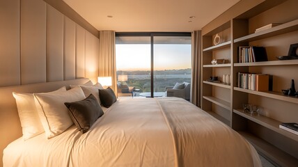Modern bedroom with large window overlooking landscape at sunset glow