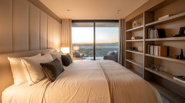 Modern bedroom with large window overlooking landscape at sunset glow