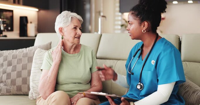 Clipboard, nurse and senior woman on couch for discussion, medical evaluation and complete health survey. Retirement, nursing home and caregiver writing wellness report, neck pain and people talking