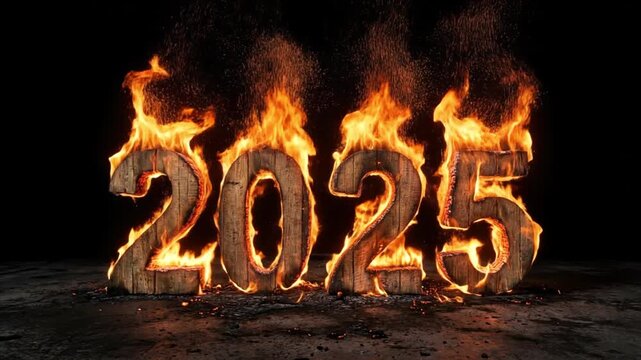 Realistic Burning Wooden 2025 Text Animation in 4K Fire Effect