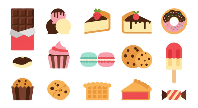 Assortment of various colorful sweet desserts in flat vector style