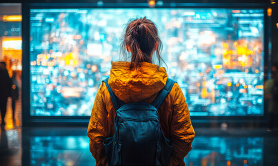 Young woman with backpack and orange jacket observing large illuminated futuristic digital screen with data visualization in urban night environment
