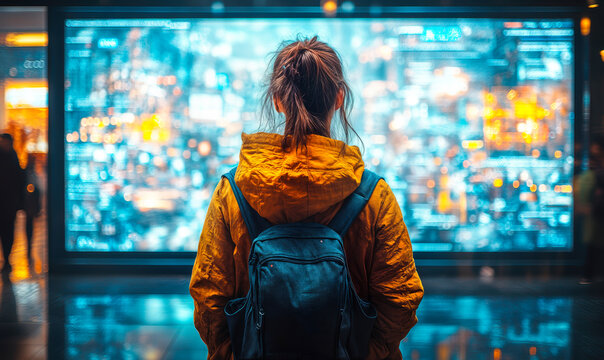 Young woman with backpack and orange jacket observing large illuminated futuristic digital screen with data visualization in urban night environment