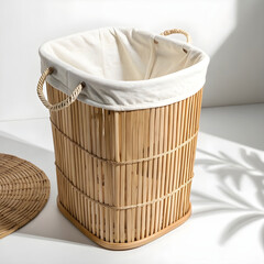 A bamboo laundry basket with a minimalist, eco-friendly design.