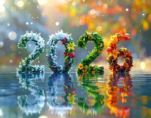 Fototapeta na wymiar Nowy Rok 2026 utworzony z roślin symbolizujących cztery pory roku zimę, wiosnę, lato i jesień. Kolorowy napis Nowy Rok. Karta rozpoczynająca kalendarz.