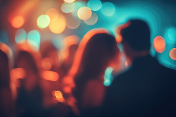 Blurred couple dancing closely under colorful club lights, romantic atmosphere, vibrant nightlife, dreamy bokeh effect, soft focus, energetic party scene, joyful mood