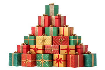 Obraz premium A vibrant pyramid of colorful wrapped Christmas gift boxes decorated with shiny ribbons and festive bows. The presents are stacked neatly in a tall triangular shape, creating a cheerful holiday compos