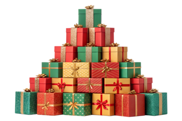 A vibrant pyramid of colorful wrapped Christmas gift boxes decorated with shiny ribbons and festive bows. The presents are stacked neatly in a tall triangular shape, creating a cheerful holiday compos