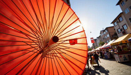 Oiled rice paper parasol showcasing details at street market, Lunar New Year