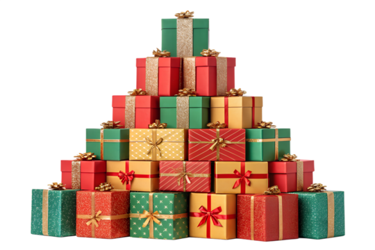 A vibrant pyramid of colorful wrapped Christmas gift boxes decorated with shiny ribbons and festive bows. The presents are stacked neatly in a tall triangular shape, creating a cheerful holiday compos