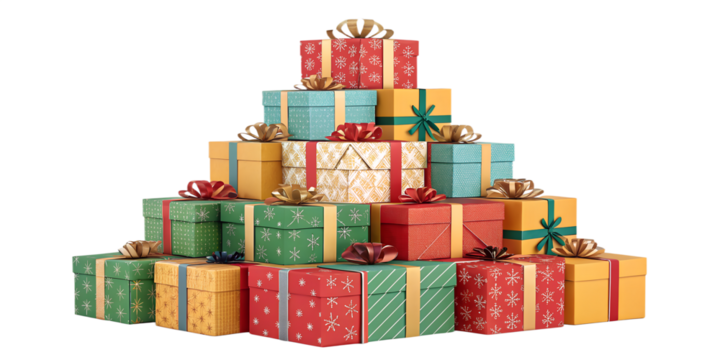 A vibrant pyramid of colorful wrapped Christmas gift boxes decorated with shiny ribbons and festive bows. The presents are stacked neatly in a tall triangular shape, creating a cheerful holiday compos