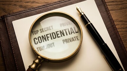 The word ‘CONFIDENTIAL’ enlarged through a magnifying glass, highlighting privacy and security