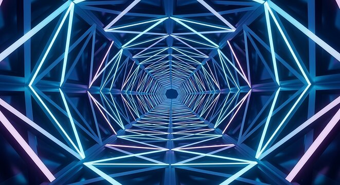 Abstract Neon Geometric Tunnel Perspective with Blue and Pink Light Trails