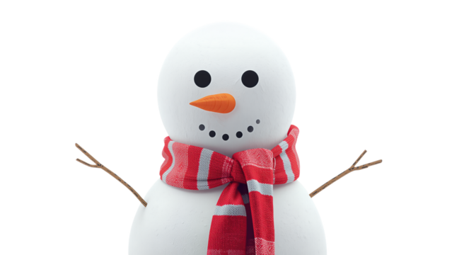 Frosty Snowman figurine illustration featuring red scarf and carrot nose, festive Christmas holiday winter character artwork, logo, vector design, png file, isolated on white