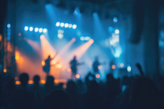 Blurred friends cheering at live music show with colorful neon stage lights, energetic crowd, and silhouettes of musicians performing in vibrant concert atmosphere