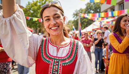Fototapeta premium Happy woman in traditional dress celebrating at cultural festival, unity