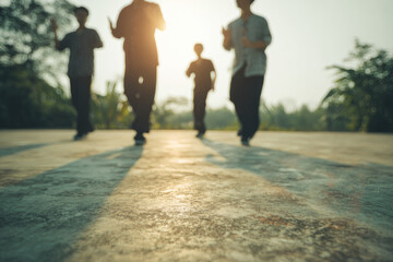 Blurred group practicing tai chi outdoors in soft sunlight, four people moving in harmony on concrete ground, peaceful morning atmosphere, nature background