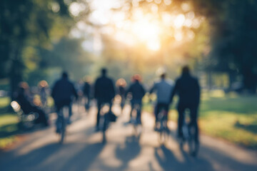 Blurred group of friends cycling in city park during sunny day, enjoying outdoor activity, healthy lifestyle, relaxation, and social connection in nature