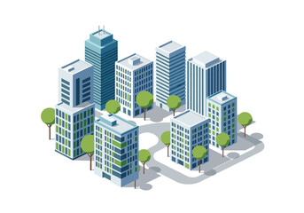 Obraz premium Isometric Cityscape with Modern Buildings and Green Trees Illustration
