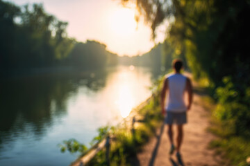 Fototapeta premium Blurred man stretching on riverside path morning sunlight peaceful atmosphere green trees summer outdoor exercise healthy lifestyle nature fitness relaxation
