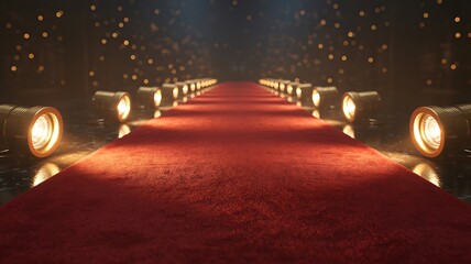 Red carpet runway with spotlights and bokeh lights shining bright