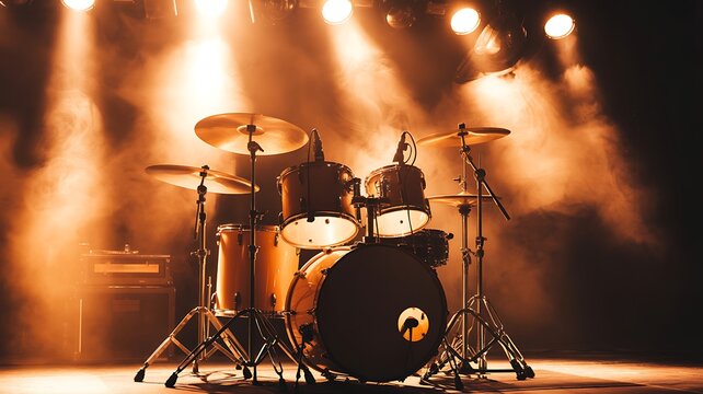 Professional drum kit on stage bathed in vibrant warm stage lights - Powered by Adobe