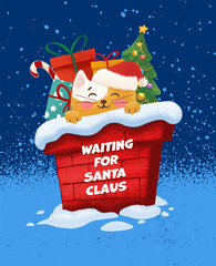 kitten with Christmas hat and gifts on the fireplace