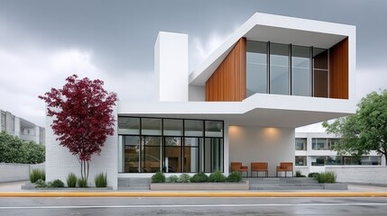 Modern architectural design of a minimalist house featuring large glass windows, wooden accents, and a vibrant red tree in the foreground, showcasing contemporary living space and outdoor harmony
