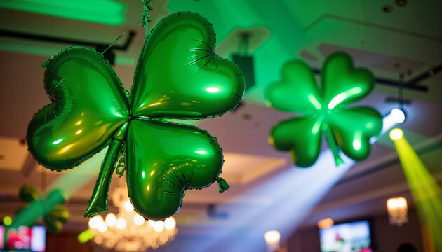 Vibrant shamrock balloons floating at festive event, St. Patrick's Day