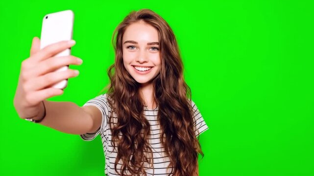 Woman, smiling and laughing in selfie or vlogging with smartphone camera. share video to social media application on empty green screen background, Influencer and pov while live streaming. Female pers