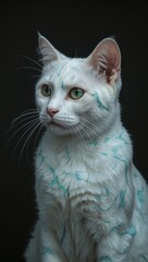 Fototapeta premium Majestic white cat with emerald eyes and blue markings against dark background, unique feline animal portrait closeup