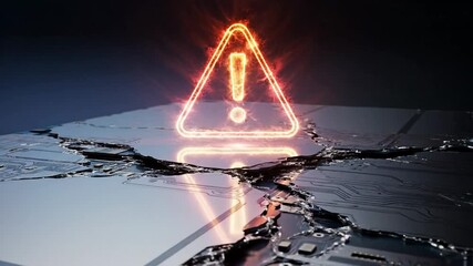 Glowing warning symbol on cracked surface, evokes urgency and caution, futuristic digital landscape with a hint of cyber security concern - Powered by Adobe