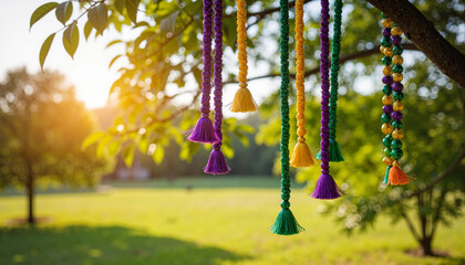 Mardi Gras beads swaying on tree in sunny park, festive celebration