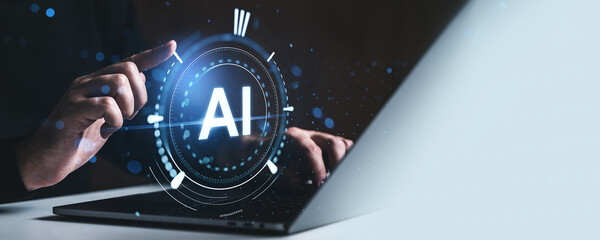 Futuristic artificial intelligence interface concept with digital elements and human interaction on a creative background using modern technology tools.