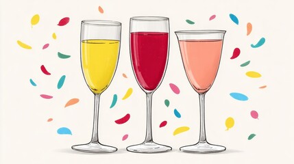 Colorful illustration of three elegant glasses filled with vibrant drinks, surrounded by festive confetti, creating a joyful and celebratory atmosphere for special occasions and gatherings