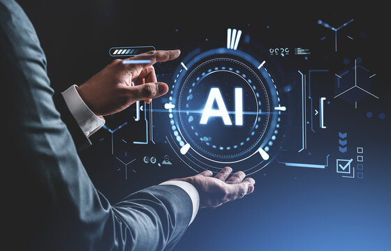 Businessman interacting with glowing AI interface in futuristic digital environment, surrounded by holographic tech elements and data icons on dark background. - Powered by Adobe