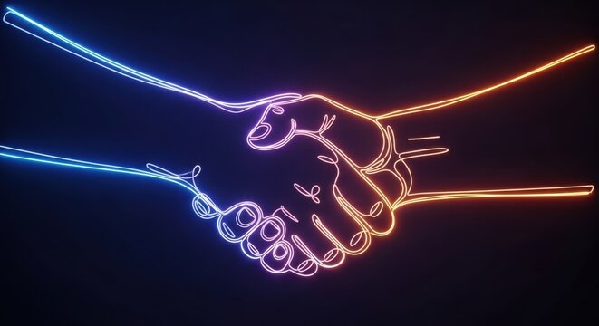 Vibrant neon handshake illustration symbolizing partnership and collaboration on dark background
