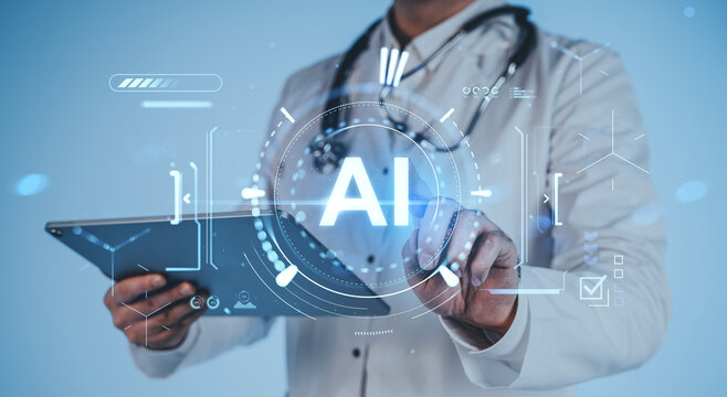 Doctor using futuristic AI hologram interface with digital tablet on tech-inspired blue background for healthcare innovation concept. - Powered by Adobe