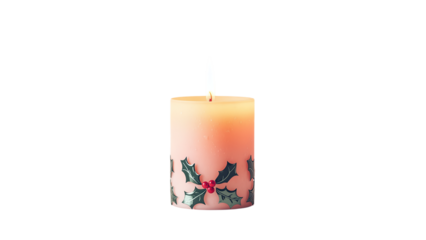 White and colored pillar candle illustration decorated with holly leaves and berries, festive Christmas holiday decoration artwork, logo, vector design, png file, isolated on white.