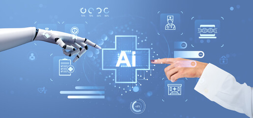 Robotic and human hands touching with digital AI healthcare interface on blue background showing medical technology concept for future innovation..
