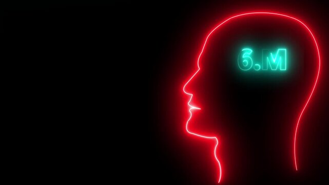 Installing 6M concept in human head profile.7m one million neon glowing text animation on black background, 6 Million achievement for social media videos .