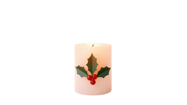 White and colored pillar candle illustration decorated with holly leaves and berries, festive Christmas holiday decoration artwork, logo, vector design, png file, isolated on white.