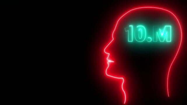 Installing 10M concept in human head profile.7m one million neon glowing text animation on black background, 10Million achievement for social media videos .