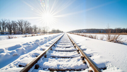 Obraz premium Snow-covered train tracks in winter countryside, transportation collapse
