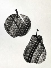 sumi-e illustration of an apple and a pear, sumi-e fruit illustration